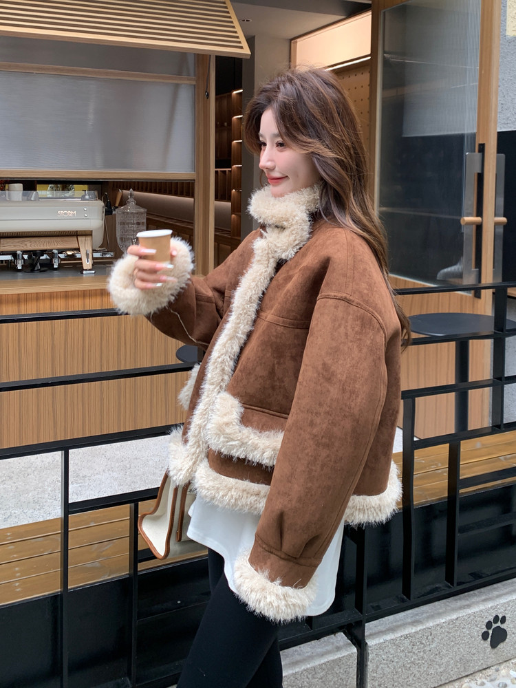 美拉德棕色仿皮毛一体棉服外套女冬季2025新款加厚绒小个子短款,女装短外套,2C087