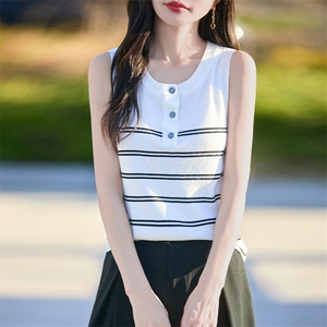 夏季冰丝针织条纹背心女2025新款外穿复古显瘦减龄无袖吊带背心薄图片