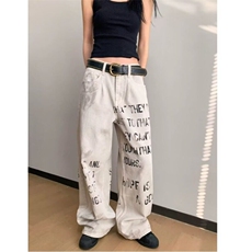 美式复古做旧标语字母印花牛仔裤小众宽松阔腿长裤男女情侣款，男装牛仔裤，星座506A