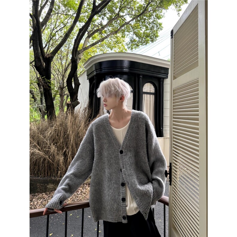 灰色V领针织开衫毛衣男复古cleanfit马海毛宽松慵懒高级感外套秋，男装针织衫/毛衣，星座807-3