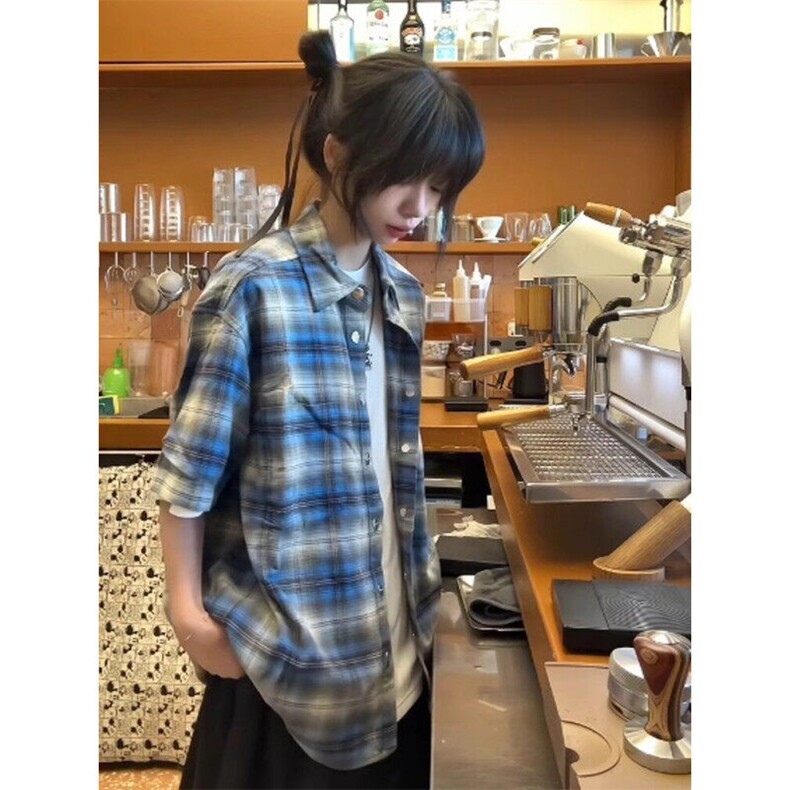 磨毛格子短袖衬衫男女夏季新款翻领复古休闲百搭格子衬衫C7003,男装T恤,星座1116A（原606A-3）