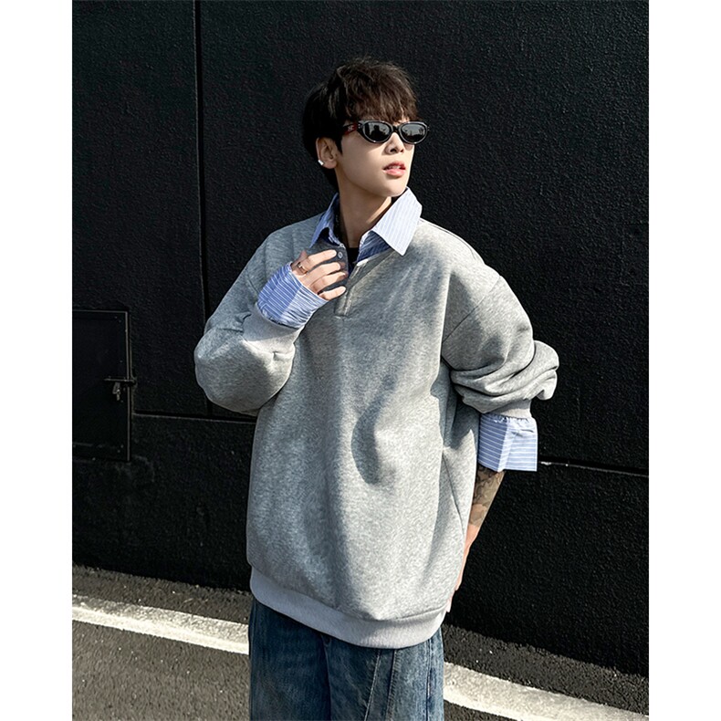 假两件撞色拼接衬衫领卫衣男女春秋季长袖宽松情侣款WY6624-P48,男装卫衣,星座302B