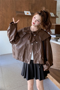 美拉德风娃娃领短款PU皮衣外套女2025年春秋季新款设计感减龄夹克图片