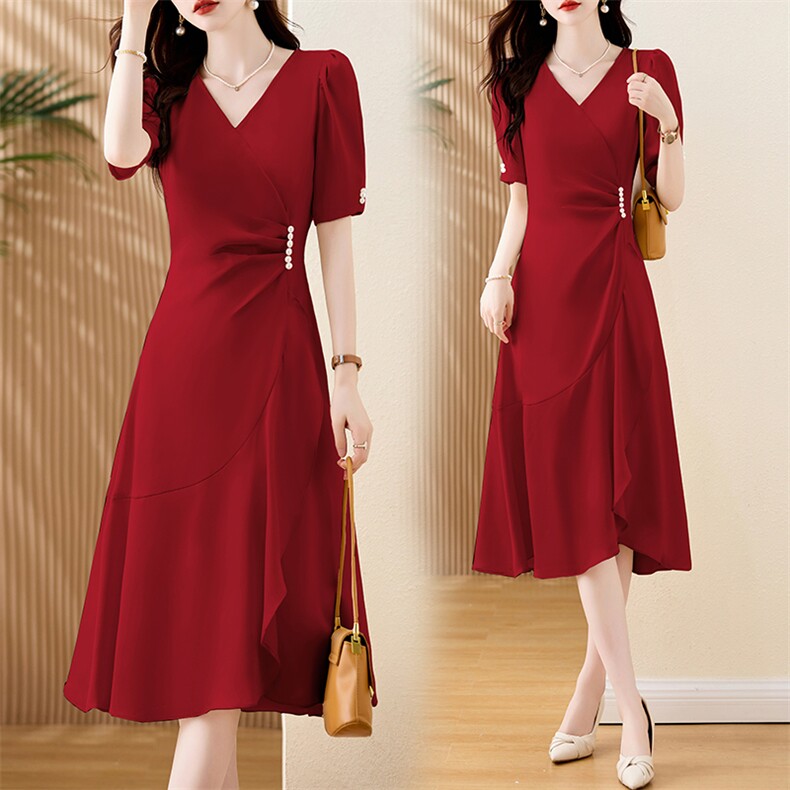 2024夏季新款简约优雅气质复古立领设计时尚修身显瘦连衣裙，女装连衣裙，伊航服饰