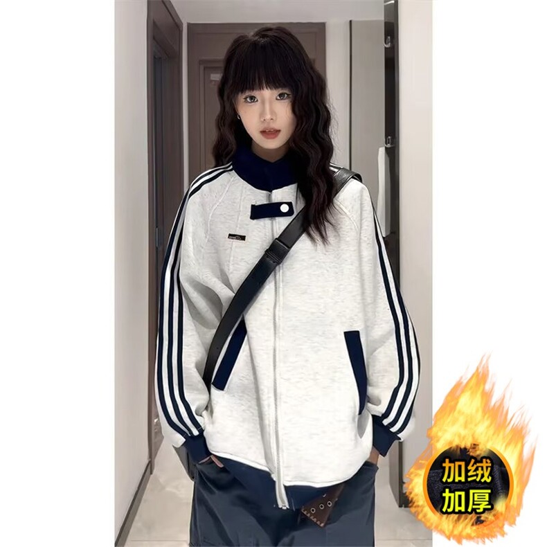 美式拼接运动卫衣女秋季新款潮牌休闲外套高街立领条纹棒球服潮,女装短外套,星座302B-2