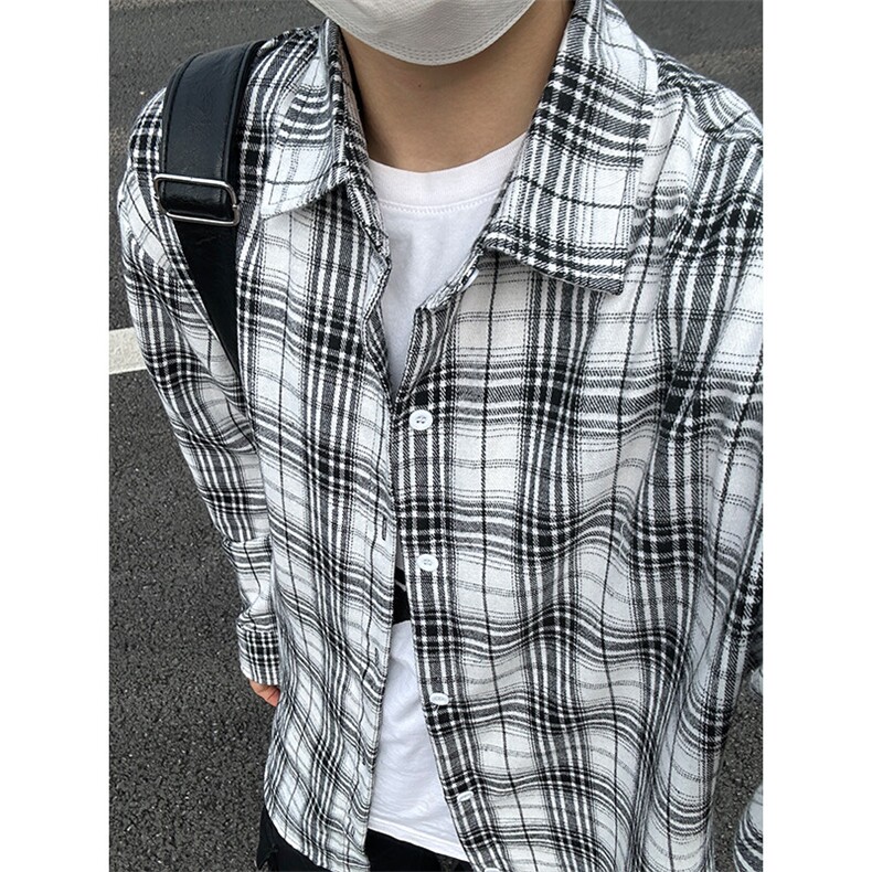 美式复古黑白格子衬衫男春秋高级感格纹长袖衬衣cleanfit情侣外套,男装衬衫,星座301C-5