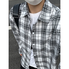 美式复古黑白格子衬衫男春秋高级感格纹长袖衬衣cleanfit情侣外套，男装衬衫，星座301C-5