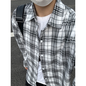 美式复古黑白格子衬衫男春秋高级感格纹长袖衬衣cleanfit情侣外套图片