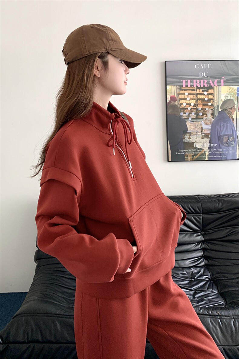 复古红立领套头卫衣休闲裤两件套2C317A-8822-P165-K228,女装套装/套裙,2C317A