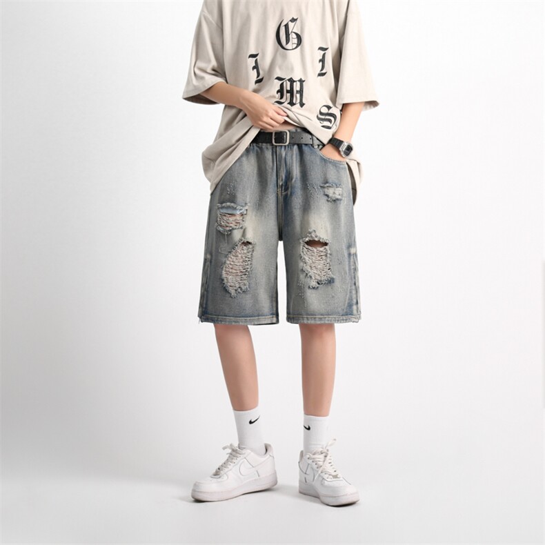 破洞牛仔短裤男款侧拉链夏季美式高街运动休闲五分裤N05581-P43,男装牛仔裤,星座308B-2