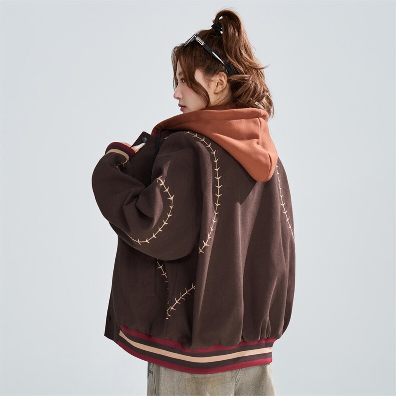 假两件连帽棒球服春季宽松明线刺绣潮流百搭外套XZ309JK8006P95,女装短外套,星座309（原A406）