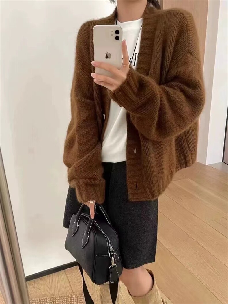 开衫女V领纯色秋冬新款百搭外套毛衣羊毛针织上衣,女装羊毛衫,半城羊绒