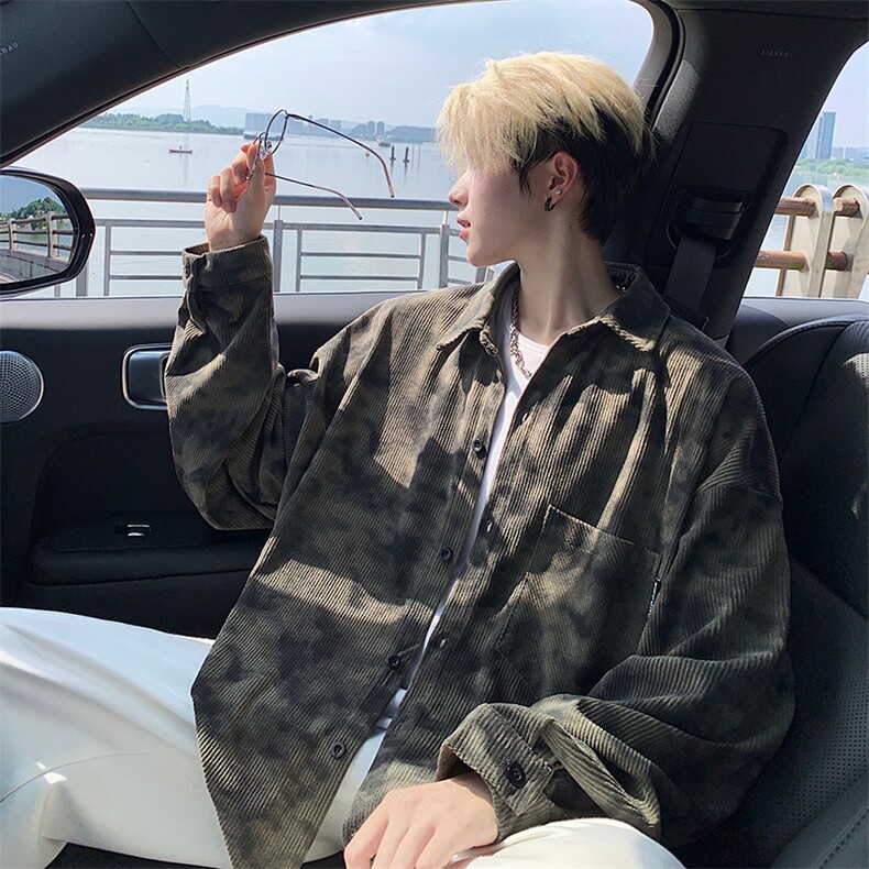 衬衫男秋季新款港风宽松大码灯芯绒扎染长袖衬衫CS8108-P42,男装衬衫,星座214-3