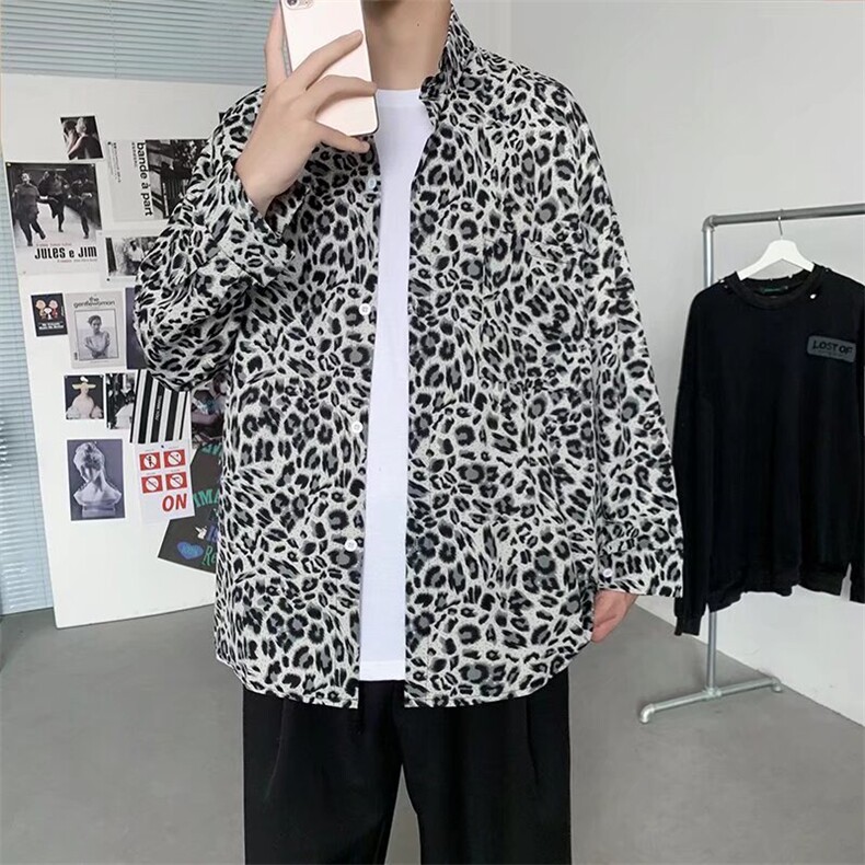 暗黑系豹纹衬衫男韩版潮流设计感上衣春夏季宽松痞帅衬衣C173/P32图片
