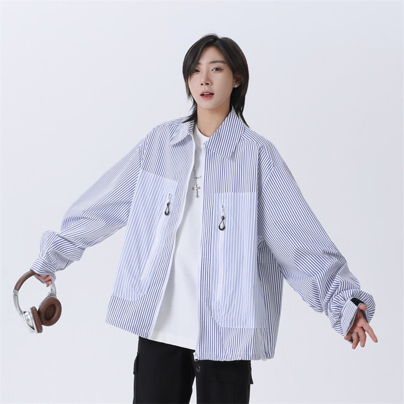 蓝色条纹长袖宽松夏季薄款撞色设计感轻薄防晒衣外套XWT18-1P45,男装防晒衣,星座1013-1