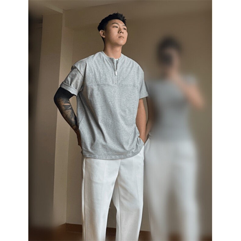夏季重磅棉质立体假两件圆领半拉链设计百搭短袖T恤 TS154图片