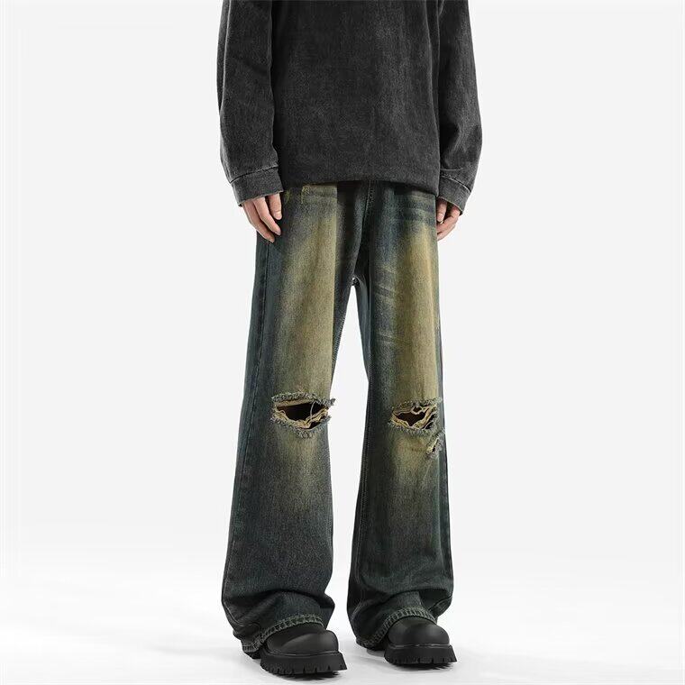 wassuphappy破洞牛仔裤男春秋季潮流高级感阔腿裤夏款休闲长裤子，男装牛仔裤，星座302B