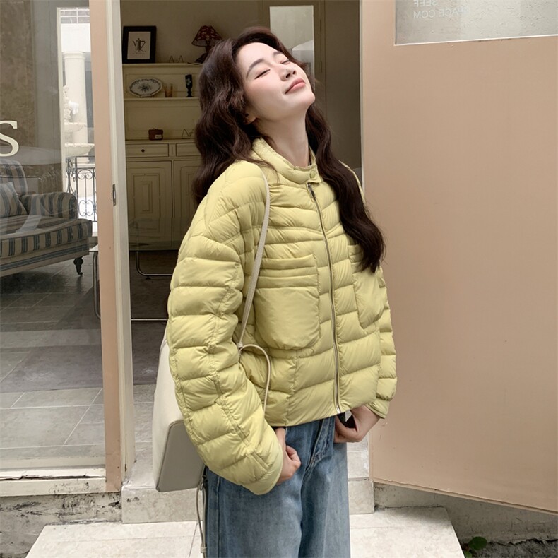 极简风休闲轻羽绒服女2025冬季新款韩系立领保暖白鸭绒百搭厚外套,女装羽绒服,玖莱伊