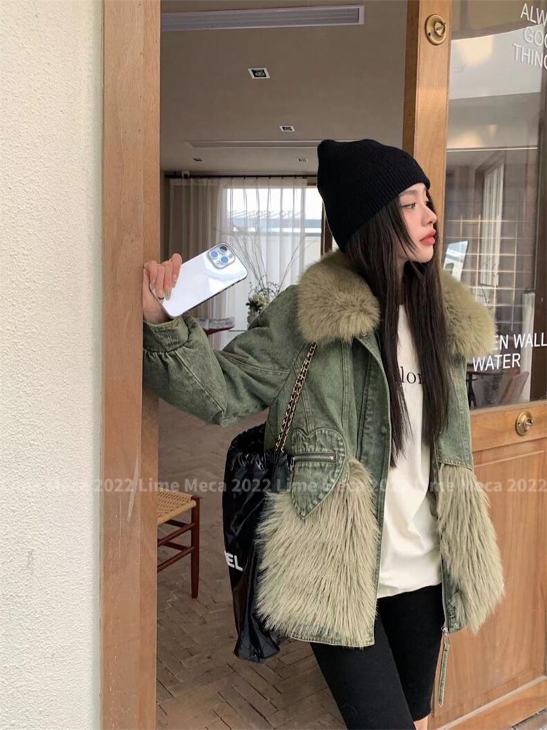 【现货】2022年冬季环保毛拼接牛仔羽绒服，女装羽绒服，Lime meca 俪米