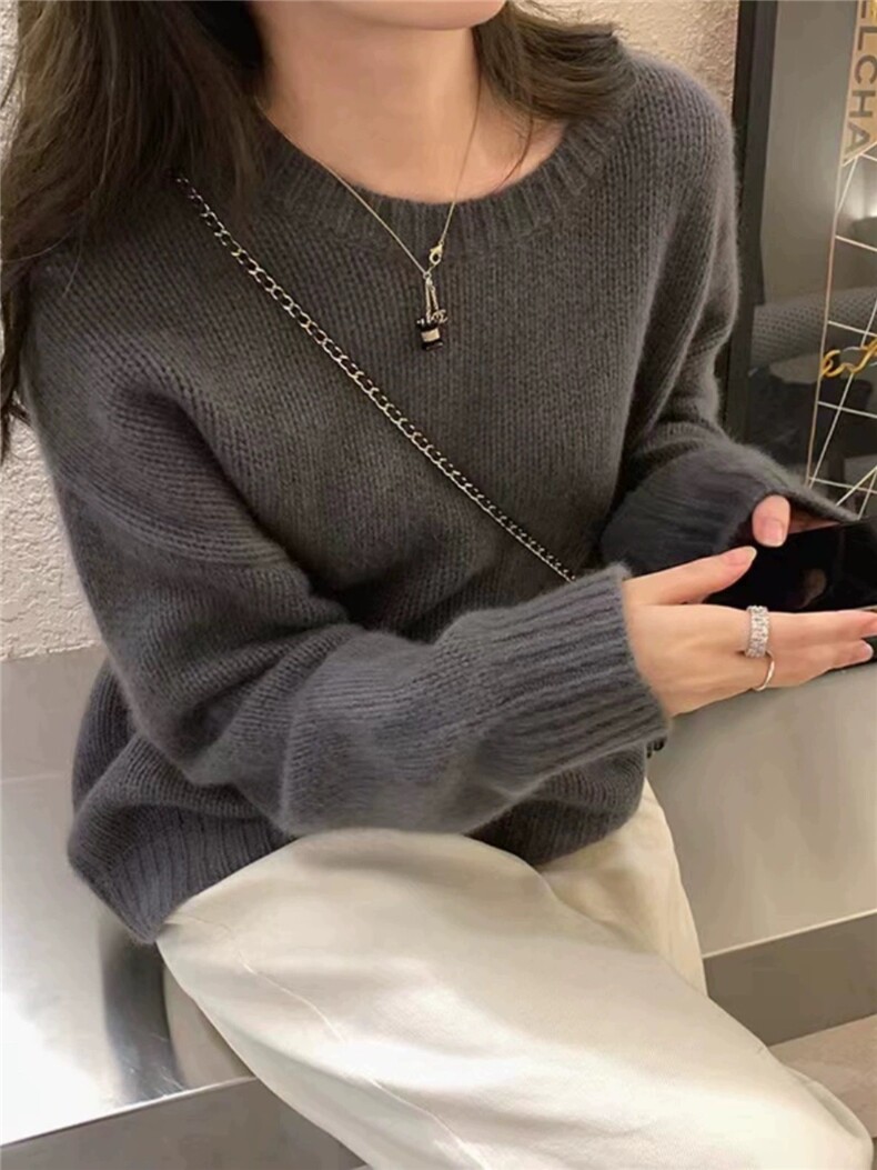 毛衣女新款2024秋冬套头纯色宽松慵懒针织上衣,女装羊毛衫,恩泰羊绒