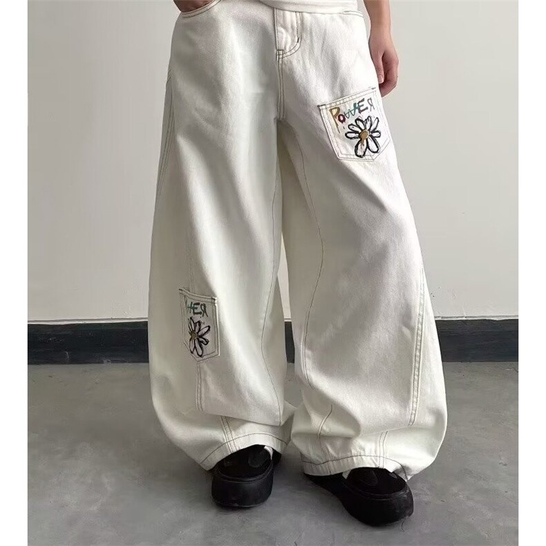 白色刺绣阔腿喇叭牛仔裤男士2025秋季新款宽松弹力不贴腿拖地裤子,男装牛仔裤,星座506A