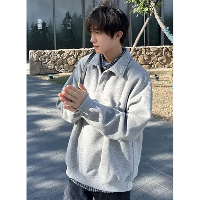 简约POLO衫加绒卫衣宽松复古慵懒氛围感翻领长袖上衣WY57,男装Polo衫,星座1116A（原606A-3）