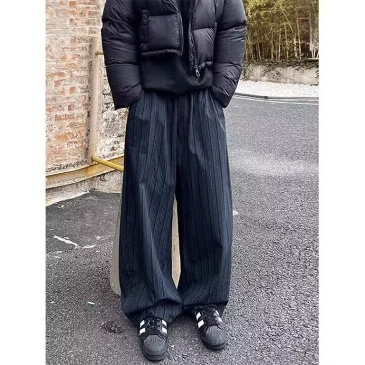 复古黑蓝竖条纹阔腿裤男美式潮牌慵懒风宽松休闲设计感拖地裤长裤,男装休闲裤,四季星座505