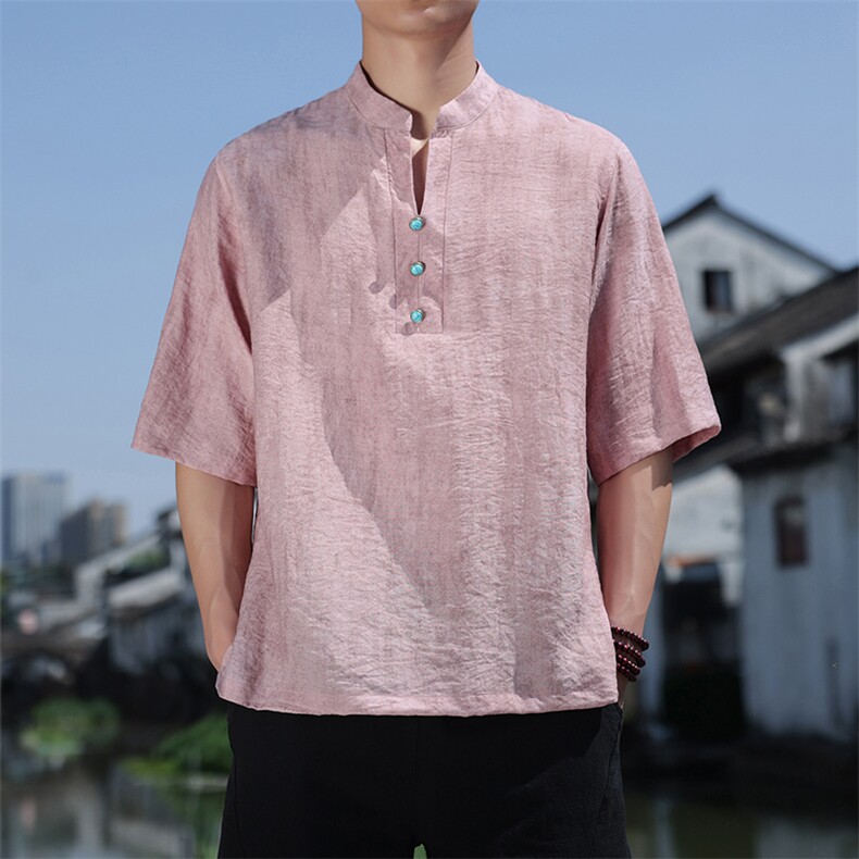 新中式半袖落肩立领透气日常吸汗百搭短袖T恤男A087-1-YM667P65,男装T恤,电商A087-1