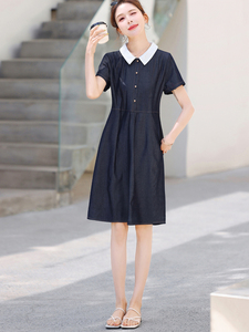娃娃领连衣裙女2025新款中长款夏季短袖高级感减龄妈妈夏装裙子潮图片