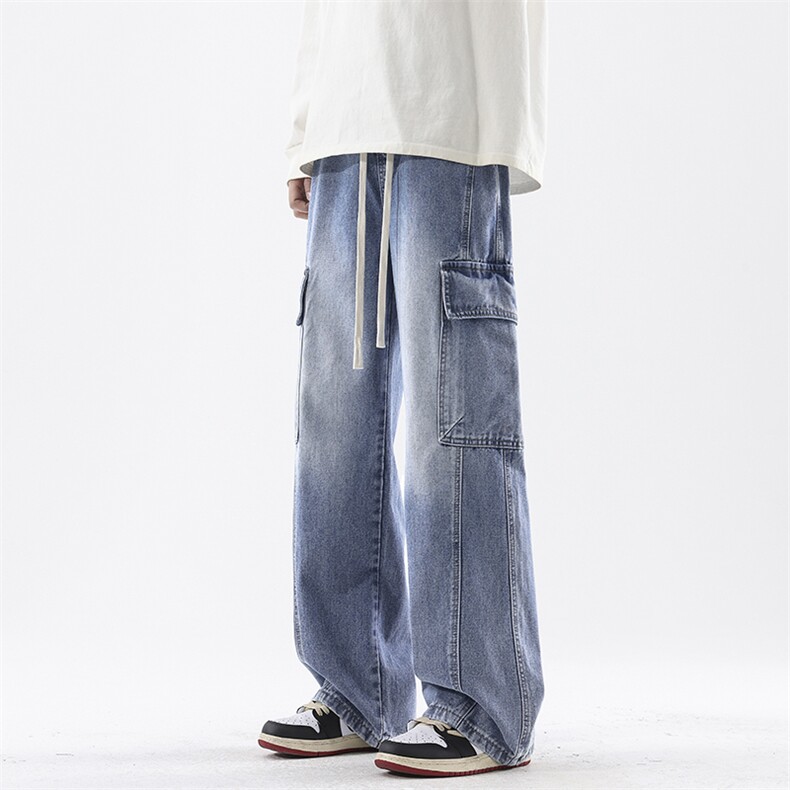 【现货】秋季新款美式复古工装口袋拼接宽松阔腿裤牛仔男816-P50,男装牛仔裤,星座1006