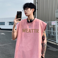 ！2025夏季新款男士无袖T恤字母印花麂皮绒背心TLBX22特P18，男装T恤，电商B220