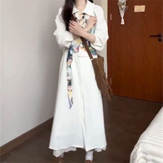 韩系学院风油画印花拼接翻领连衣裙女学生春秋季收腰绑带衬衫长裙，女装衬衫，星座506A