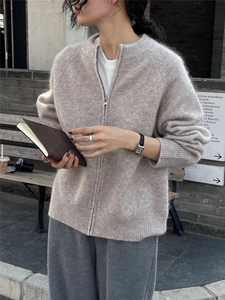 纯色圆领休闲针织拉链外套慵懒风开衫图片