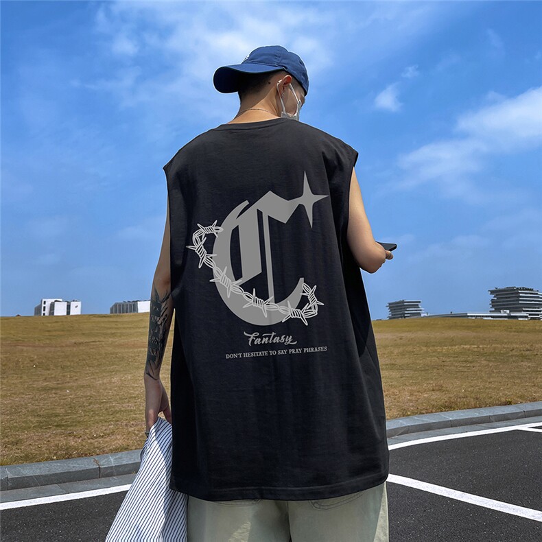 港风新款夏季时尚百搭无袖印花圆领纯棉短袖T恤DT65006P25控38,男装T恤,电商A268A