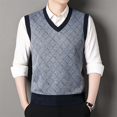 秋冬季加绒休闲爸爸装格子马甲套头宽松中老年款坎肩毛衣背心M31，男装针织衫/毛衣，星座1706