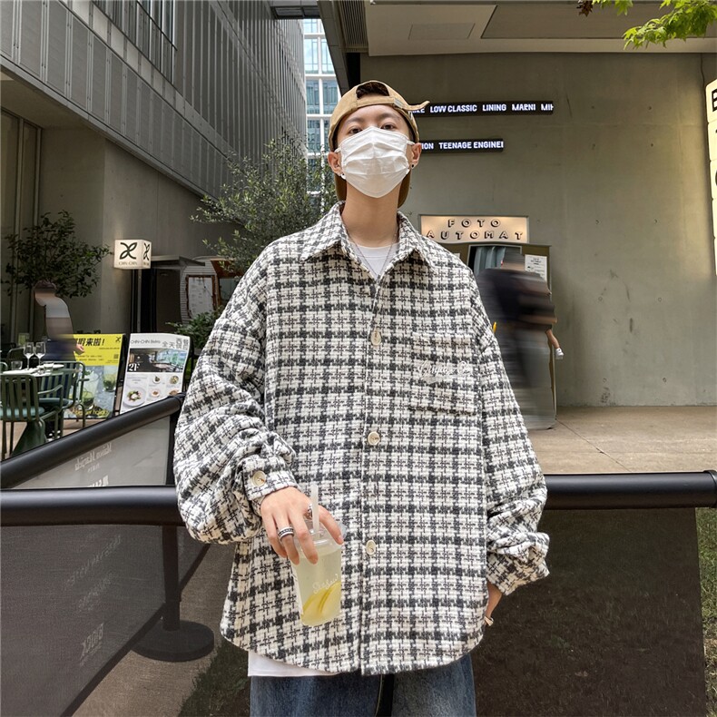 23秋冬季港风宽松格子呢料加厚衬衫夹克外套男MCJ250-P65控88图片