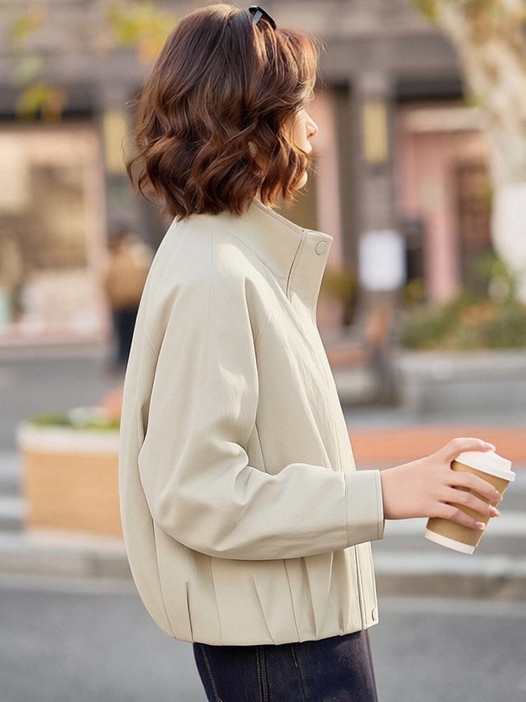 现货高级感酷飒风立领PU皮衣外套女短款春秋季新款机车风休闲夹克,女装皮衣,韩蔻秀