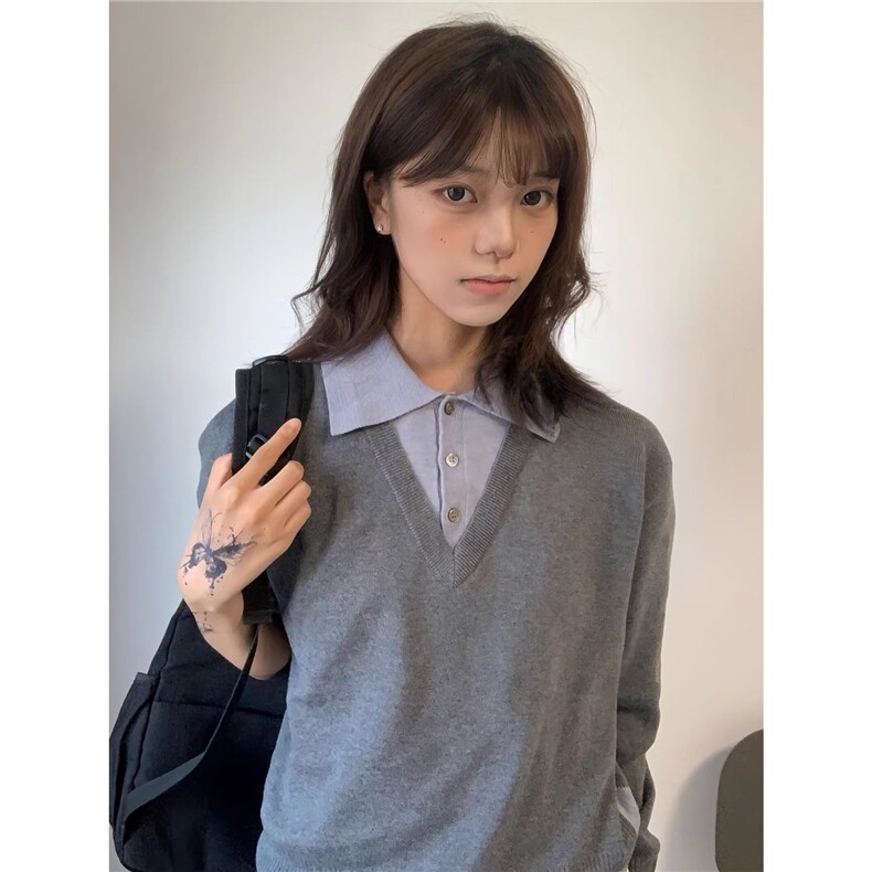 M278-P56春秋新款时尚减龄拼接POLO领假两件长袖T恤上衣女修身,男装T恤,电商B323A