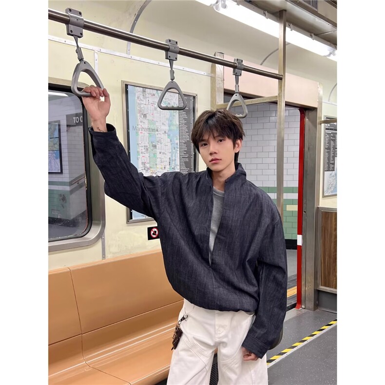 2025春款高级感假两件拼接设计套头衬衣男韩版大V领痞帅卫衣潮流,男装衬衫,星座506A