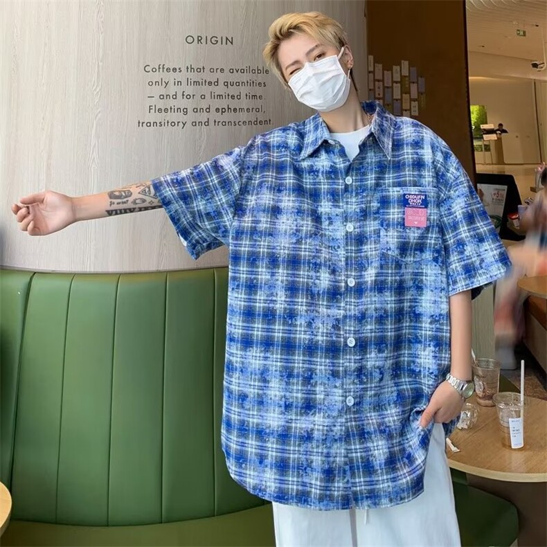 夏季新款衬衫潮流慵懒男半袖格子衬衣HC118P38,男装衬衫,星座1116-2