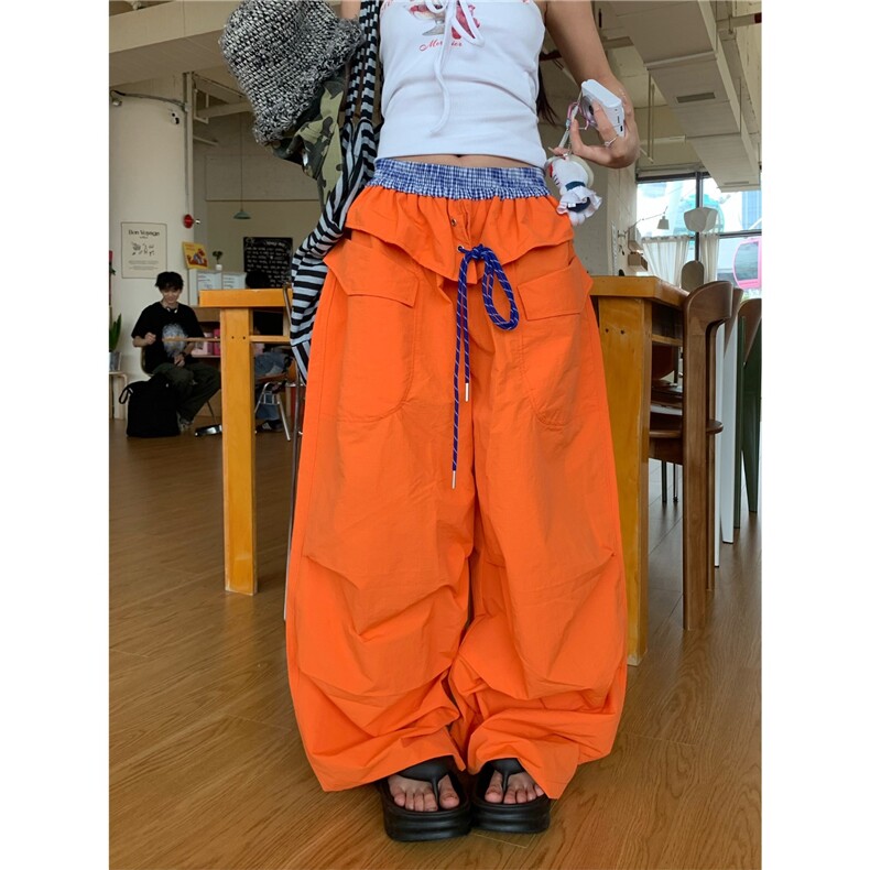0918很秀甜酷设计感拼接绑带宽松工装裤女辣妹百搭垂感显瘦阔腿裤图片