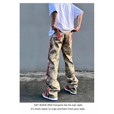 潮美式街头迷彩牛仔裤男ins潮宽松直筒hiphop拉链开叉休闲长裤，男装牛仔裤，四季星座505