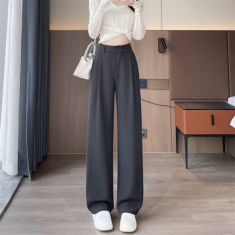 现货灰色西装裤女春夏高腰显瘦高级感垂感西裤直筒冰丝阔腿裤,女装休闲裤,云美莎专业女裤-全店现货