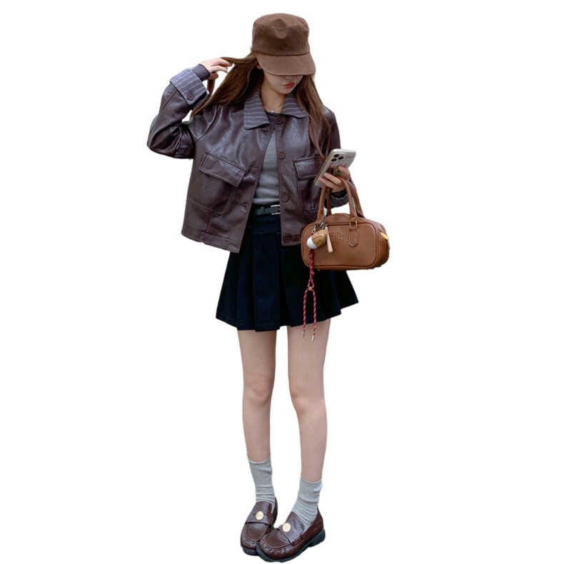 甜酷条纹短款pu皮衣半身裙套装女2025春秋季新款高级感显瘦两件套,女装套装/套裙,2D148