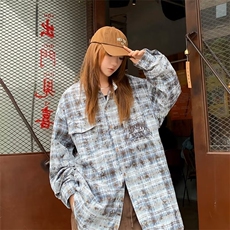 格子衬衫女上衣外套小众长袖蓝色衬衫扎染水洗宽松CJ04，男装衬衫，星座1116A-1（原606A）