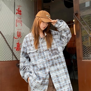 格子衬衫女上衣外套小众长袖蓝色衬衫扎染水洗宽松 CJ04图片