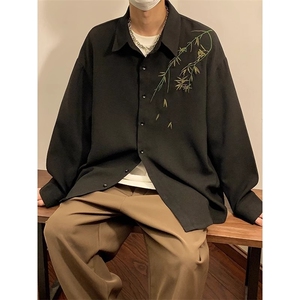 新中式垂坠感衬衫男春秋款美式长袖衬衣立体刺绣休闲外套CSK61,一米五穿搭大学生图片