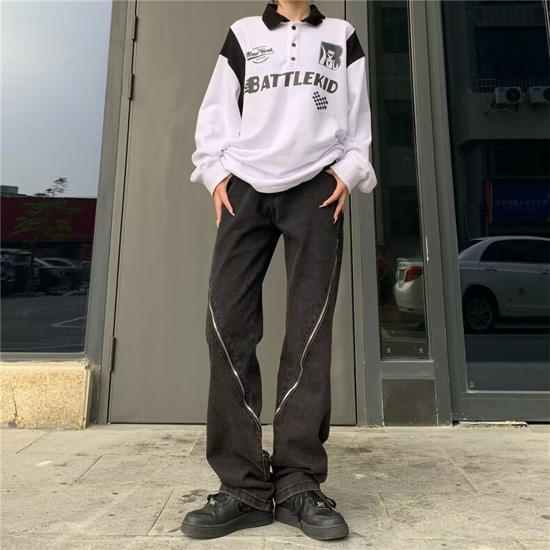 美式高街拉链设计感牛仔裤男街头直筒复古hiphop修身NA57P55图片