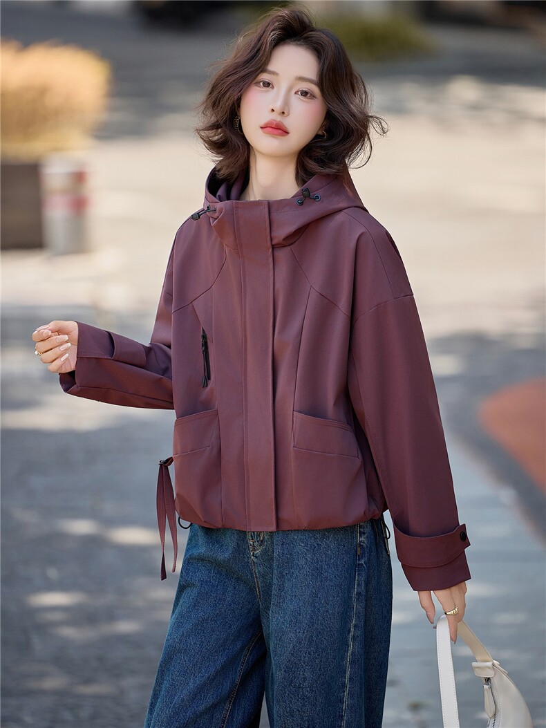 连帽工装风衣夹克外套女2025秋季宽松休闲上衣短款小个子外套女,女装短外套,E百度