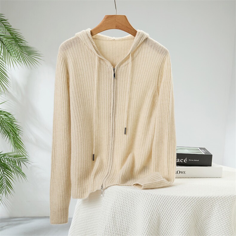 2025年秋季新款百搭女士抽绳抽条长袖连帽拉链衫，女装羊绒衫，贵皇羊绒四店